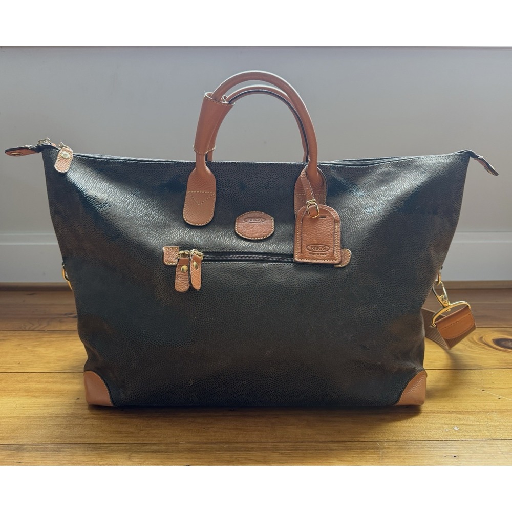 Bric's Life Cargo 18" Black Brown Duffle Bag Nylon Leather Trim Shoulder Strap